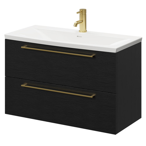Napoli Nero Oak 800mm Wall Mounted Vanity Unit with 1 Tap Hole Curved Basin and 2 Drawers with Brushed Brass Handles Right Hand View
