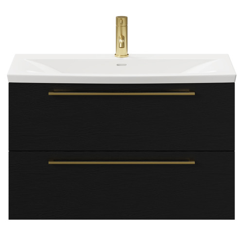 Napoli Nero Oak 800mm Wall Mounted Vanity Unit with 1 Tap Hole Curved Basin and 2 Drawers with Brushed Brass Handles Front View