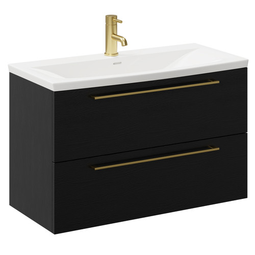 Napoli Nero Oak 800mm Wall Mounted Vanity Unit with 1 Tap Hole Curved Basin and 2 Drawers with Brushed Brass Handles Left Hand View