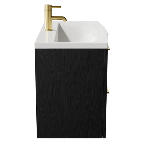 Napoli Nero Oak 800mm Wall Mounted Vanity Unit with 1 Tap Hole Curved Basin and 2 Drawers with Brushed Brass Handles Side View