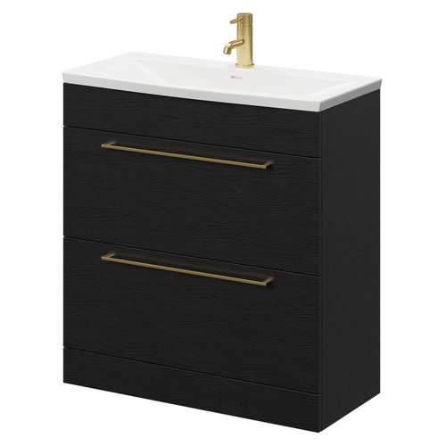 Napoli Nero Oak 800mm Floor Standing Vanity Unit with 1 Tap Hole Curved Basin and 2 Drawers with Brushed Brass Handles Right Hand View