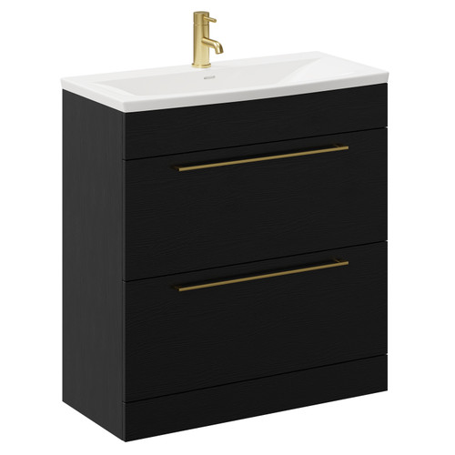 Napoli Nero Oak 800mm Floor Standing Vanity Unit with 1 Tap Hole Curved Basin and 2 Drawers with Brushed Brass Handles Left Hand View