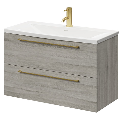 Napoli Molina Ash 800mm Wall Mounted Vanity Unit with 1 Tap Hole Curved Basin and 2 Drawers with Brushed Brass Handles Right Hand View