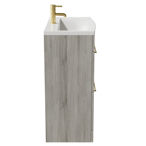 Napoli Molina Ash 800mm Floor Standing Vanity Unit with 1 Tap Hole Curved Basin and 2 Drawers with Brushed Brass Handles Side View