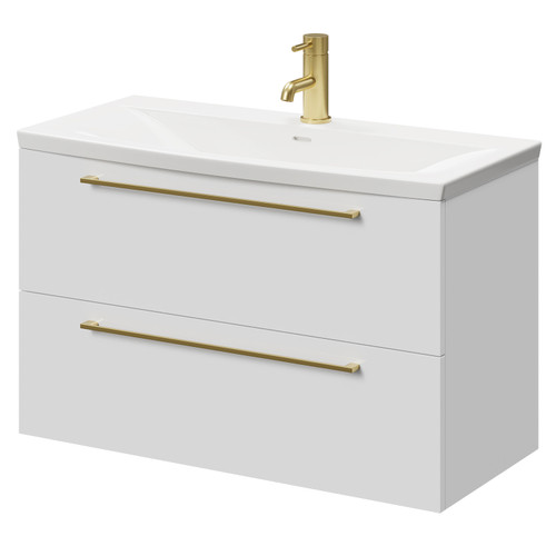 Napoli Gloss White 800mm Wall Mounted Vanity Unit with 1 Tap Hole Curved Basin and 2 Drawers with Brushed Brass Handles Right Hand View