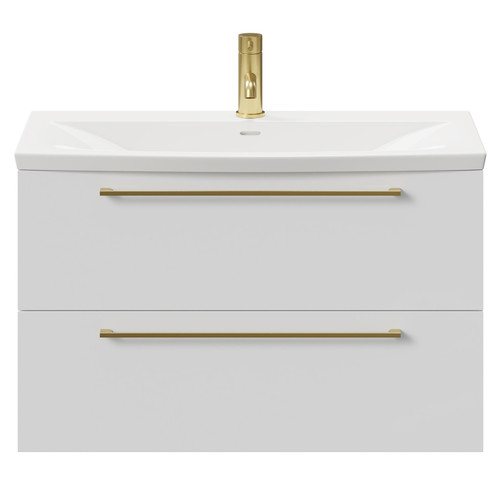 Napoli Gloss White 800mm Wall Mounted Vanity Unit with 1 Tap Hole Curved Basin and 2 Drawers with Brushed Brass Handles Front View