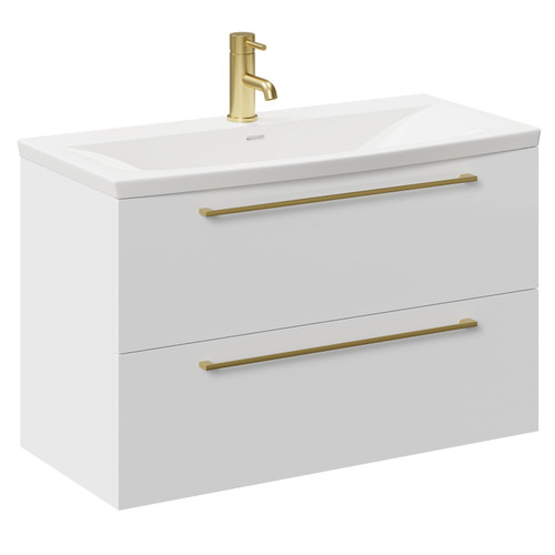 Napoli Gloss White 800mm Wall Mounted Vanity Unit with 1 Tap Hole Curved Basin and 2 Drawers with Brushed Brass Handles Left Hand View