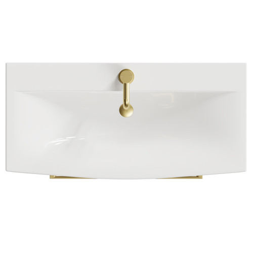 Napoli Gloss White 800mm Wall Mounted Vanity Unit with 1 Tap Hole Curved Basin and 2 Drawers with Brushed Brass Handles View From Top