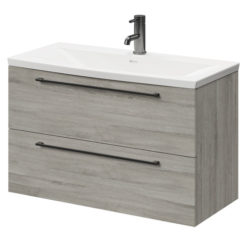 Napoli Molina Ash 800mm Wall Mounted Vanity Unit with 1 Tap Hole Curved Basin and 2 Drawers with Gunmetal Grey Handles Right Hand View