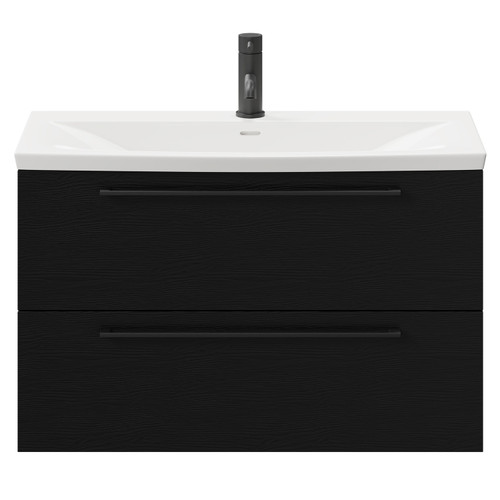 Napoli Nero Oak 800mm Wall Mounted Vanity Unit with 1 Tap Hole Curved Basin and 2 Drawers with Matt Black Handles Front View