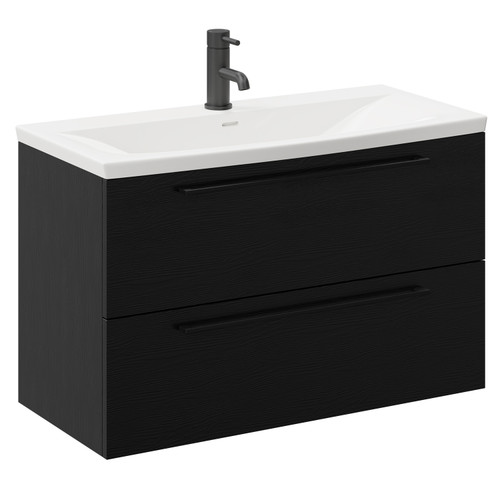 Napoli Nero Oak 800mm Wall Mounted Vanity Unit with 1 Tap Hole Curved Basin and 2 Drawers with Matt Black Handles Left Hand View