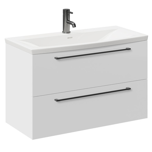 Napoli Gloss White 800mm Wall Mounted Vanity Unit with 1 Tap Hole Curved Basin and 2 Drawers with Gunmetal Grey Handles Left Hand View