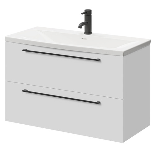 Napoli Gloss White 800mm Wall Mounted Vanity Unit with 1 Tap Hole Curved Basin and 2 Drawers with Matt Black Handles Right Hand View