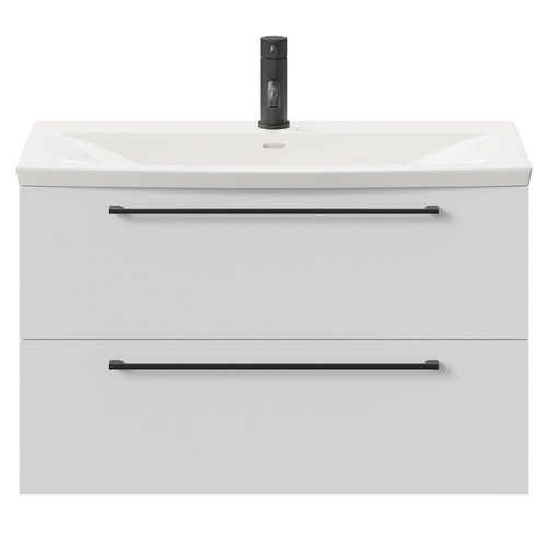 Napoli Gloss White 800mm Wall Mounted Vanity Unit with 1 Tap Hole Curved Basin and 2 Drawers with Matt Black Handles Front View