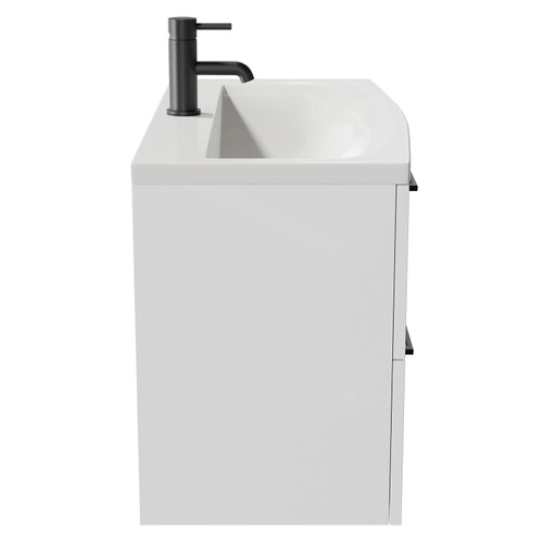 Napoli Gloss White 800mm Wall Mounted Vanity Unit with 1 Tap Hole Curved Basin and 2 Drawers with Matt Black Handles Side View