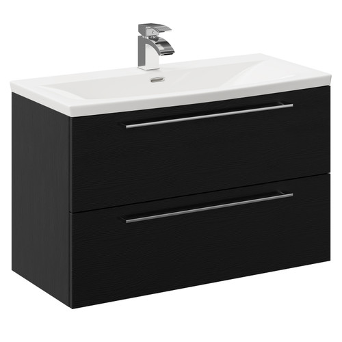 Napoli Nero Oak 800mm Wall Mounted Vanity Unit with 1 Tap Hole Curved Basin and 2 Drawers with Polished Chrome Handles Left Hand View