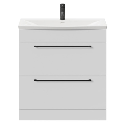 Napoli Gloss White 800mm Floor Standing Vanity Unit with 1 Tap Hole Curved Basin and 2 Drawers with Matt Black Handles Front View