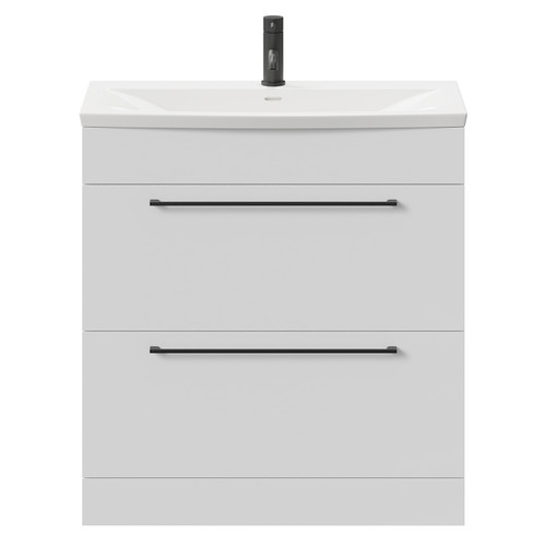 Napoli Gloss White 800mm Floor Standing Vanity Unit with 1 Tap Hole Curved Basin and 2 Drawers with Matt Black Handles Front View