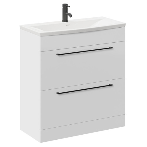 Napoli Gloss White 800mm Floor Standing Vanity Unit with 1 Tap Hole Curved Basin and 2 Drawers with Matt Black Handles Left Hand View