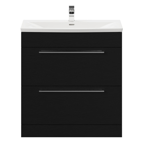 Napoli Nero Oak 800mm Floor Standing Vanity Unit with 1 Tap Hole Curved Basin and 2 Drawers with Polished Chrome Handles Front View