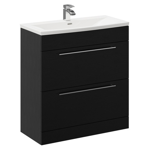 Napoli Nero Oak 800mm Floor Standing Vanity Unit with 1 Tap Hole Curved Basin and 2 Drawers with Polished Chrome Handles Left Hand View