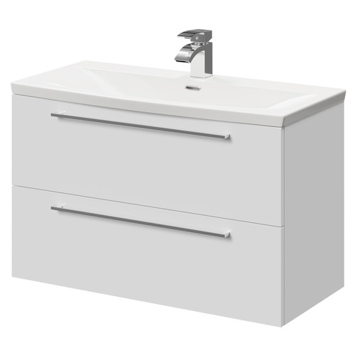 Napoli Gloss White 800mm Wall Mounted Vanity Unit with 1 Tap Hole Curved Basin and 2 Drawers with Polished Chrome Handles Right Hand View