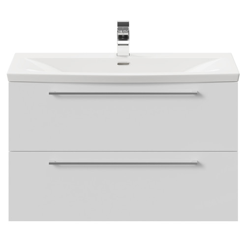 Napoli Gloss White 800mm Wall Mounted Vanity Unit with 1 Tap Hole Curved Basin and 2 Drawers with Polished Chrome Handles Front View