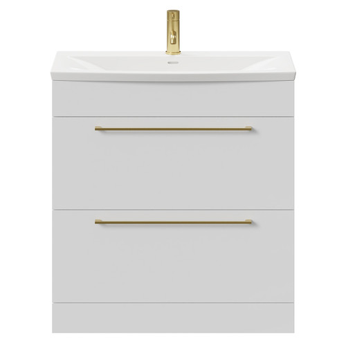 Napoli Gloss White 800mm Floor Standing Vanity Unit with 1 Tap Hole Curved Basin and 2 Drawers with Brushed Brass Handles Front View