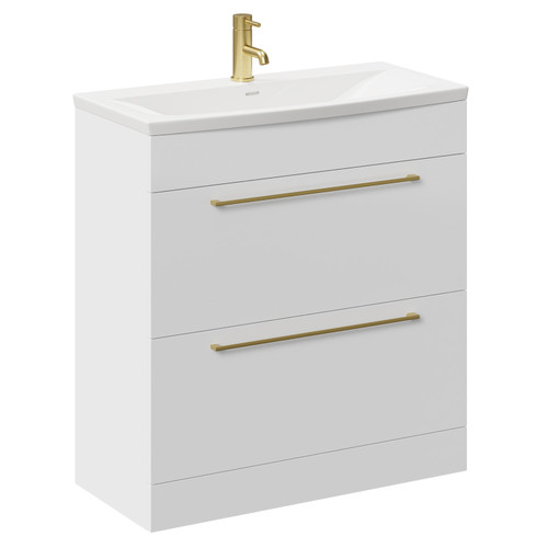 Napoli Gloss White 800mm Floor Standing Vanity Unit with 1 Tap Hole Curved Basin and 2 Drawers with Brushed Brass Handles Left Hand View