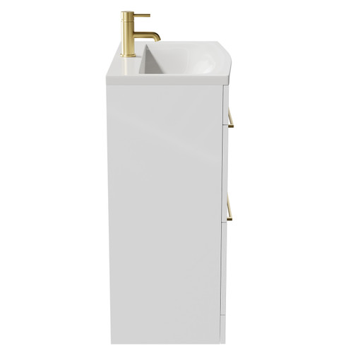 Napoli Gloss White 800mm Floor Standing Vanity Unit with 1 Tap Hole Curved Basin and 2 Drawers with Brushed Brass Handles Side View