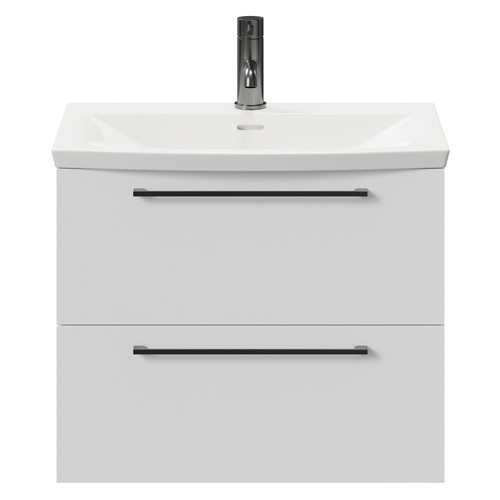 Napoli Gloss White 600mm Wall Mounted Vanity Unit with 1 Tap Hole Curved Basin and 2 Drawers with Gunmetal Grey Handles Front View