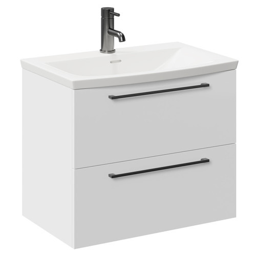 Napoli Gloss White 600mm Wall Mounted Vanity Unit with 1 Tap Hole Curved Basin and 2 Drawers with Gunmetal Grey Handles Left Hand View