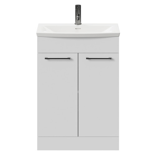 Napoli Gloss White 600mm Floor Standing Vanity Unit with 1 Tap Hole Curved Basin and 2 Doors with Gunmetal Grey Handles Front View