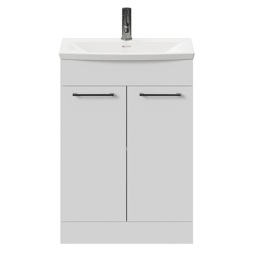 Napoli Gloss White 600mm Floor Standing Vanity Unit with 1 Tap Hole Curved Basin and 2 Doors with Gunmetal Grey Handles Front View