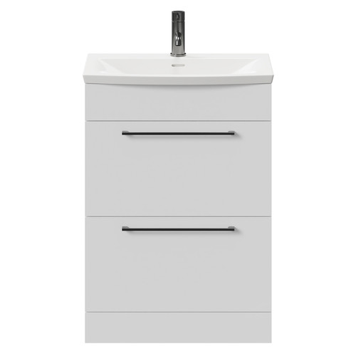 Napoli Gloss White 600mm Floor Standing Vanity Unit with 1 Tap Hole Curved Basin and 2 Drawers with Gunmetal Grey Handles Front View