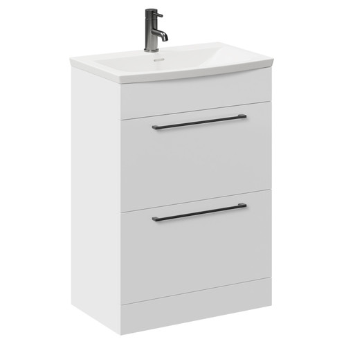 Napoli Gloss White 600mm Floor Standing Vanity Unit with 1 Tap Hole Curved Basin and 2 Drawers with Gunmetal Grey Handles Left Hand View