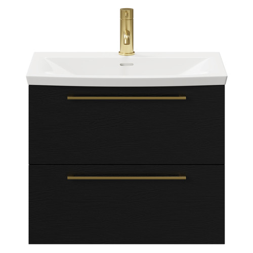 Napoli Nero Oak 600mm Wall Mounted Vanity Unit with 1 Tap Hole Curved Basin and 2 Drawers with Brushed Brass Handles Front View