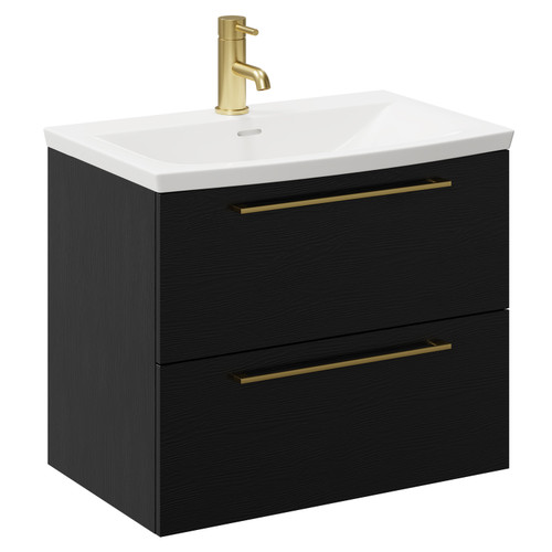 Napoli Nero Oak 600mm Wall Mounted Vanity Unit with 1 Tap Hole Curved Basin and 2 Drawers with Brushed Brass Handles Left Hand View