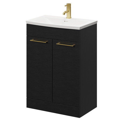Napoli Nero Oak 600mm Floor Standing Vanity Unit with 1 Tap Hole Curved Basin and 2 Doors with Brushed Brass Handles Right Hand View