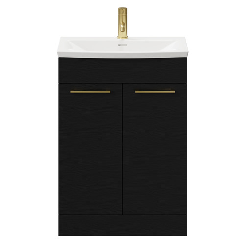 Napoli Nero Oak 600mm Floor Standing Vanity Unit with 1 Tap Hole Curved Basin and 2 Doors with Brushed Brass Handles Front View