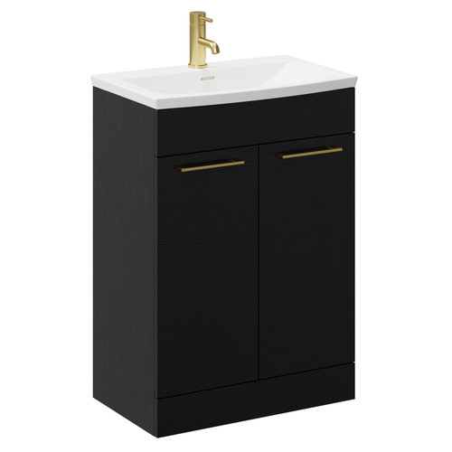 Napoli Nero Oak 600mm Floor Standing Vanity Unit with 1 Tap Hole Curved Basin and 2 Doors with Brushed Brass Handles Left Hand View