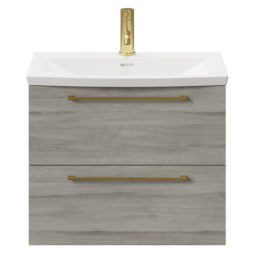 Napoli Molina Ash 600mm Wall Mounted Vanity Unit with 1 Tap Hole Curved Basin and 2 Drawers with Brushed Brass Handles Front View