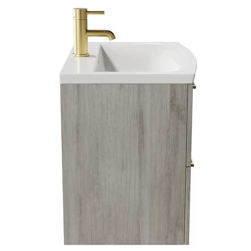 Napoli Molina Ash 600mm Wall Mounted Vanity Unit with 1 Tap Hole Curved Basin and 2 Drawers with Brushed Brass Handles Side View