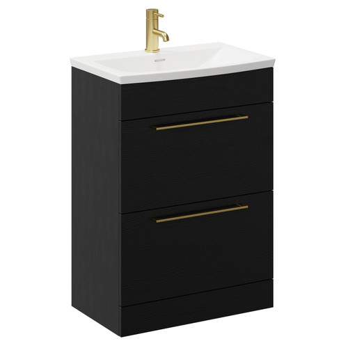 Napoli Nero Oak 600mm Floor Standing Vanity Unit with 1 Tap Hole Curved Basin and 2 Drawers with Brushed Brass Handles Left Hand View