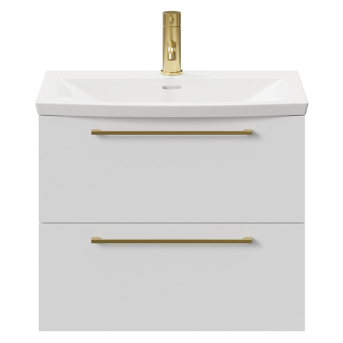 Napoli Gloss White 600mm Wall Mounted Vanity Unit with 1 Tap Hole Curved Basin and 2 Drawers with Brushed Brass Handles Front View