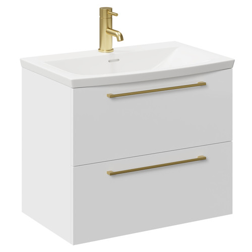 Napoli Gloss White 600mm Wall Mounted Vanity Unit with 1 Tap Hole Curved Basin and 2 Drawers with Brushed Brass Handles Left Hand View