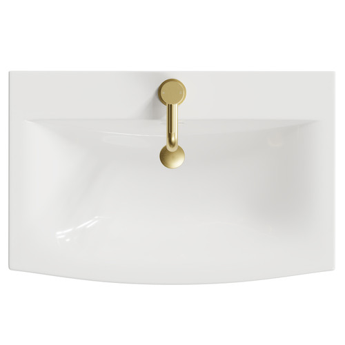 Napoli Gloss White 600mm Wall Mounted Vanity Unit with 1 Tap Hole Curved Basin and 2 Drawers with Brushed Brass Handles View From Top