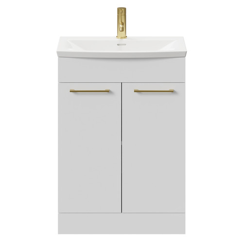 Napoli Gloss White 600mm Floor Standing Vanity Unit with 1 Tap Hole Curved Basin and 2 Doors with Brushed Brass Handles Front View