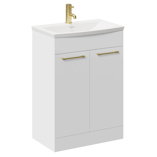 Napoli Gloss White 600mm Floor Standing Vanity Unit with 1 Tap Hole Curved Basin and 2 Doors with Brushed Brass Handles Left Hand View