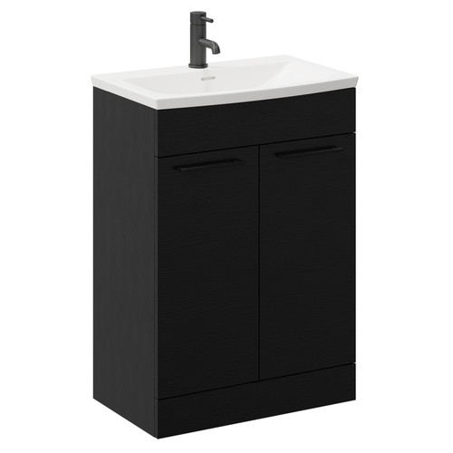 Napoli Nero Oak 600mm Floor Standing Vanity Unit with 1 Tap Hole Curved Basin and 2 Doors with Matt Black Handles Left Hand View